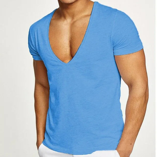 Men's deep V neck short sleeve cotton T-shirt in black, front view