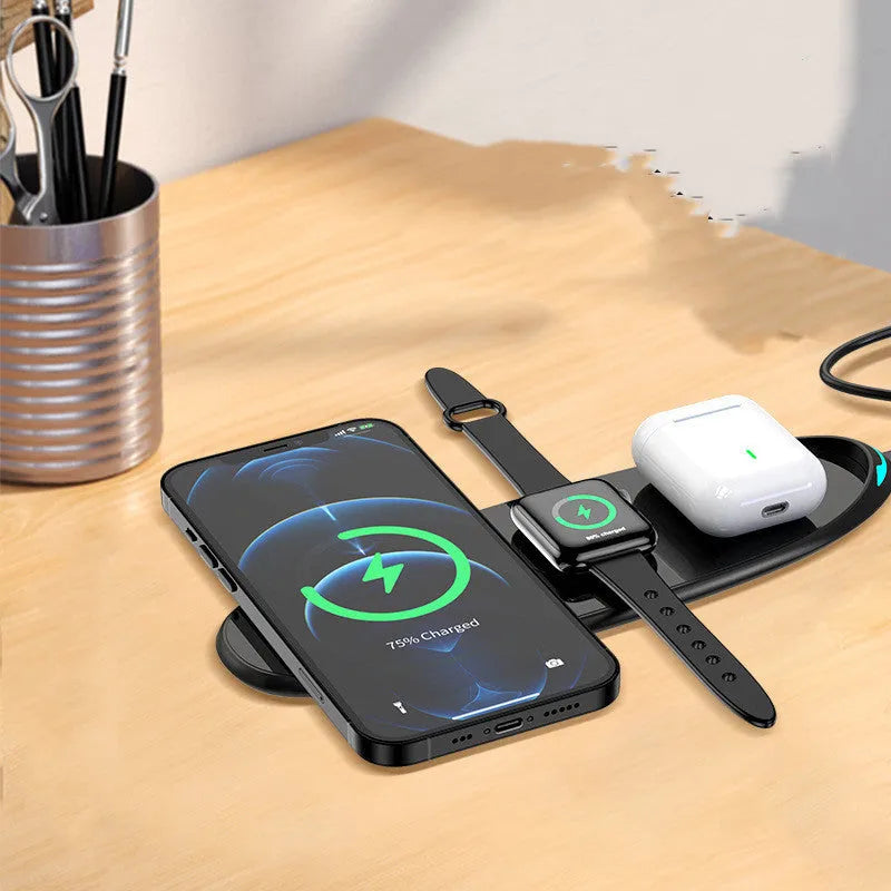 Three-in-one wireless charger flat pad in black with Type-C input for watch headset and phone