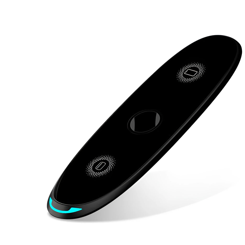 Three-in-one wireless charger flat pad in black with Type-C input for watch headset and phone