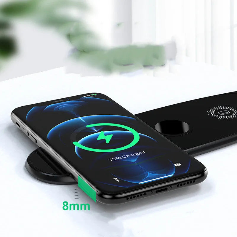Three-in-one wireless charger flat pad in black with Type-C input for watch headset and phone