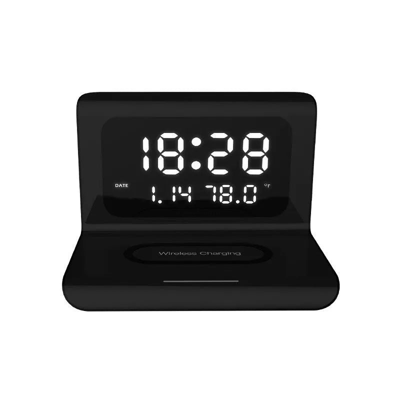 White wireless charger alarm clock showing time, calendar, temperature and humidity on LED display