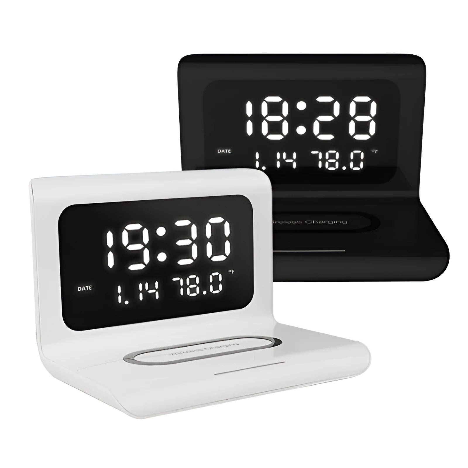 White wireless charger alarm clock showing time, calendar, temperature and humidity on LED display