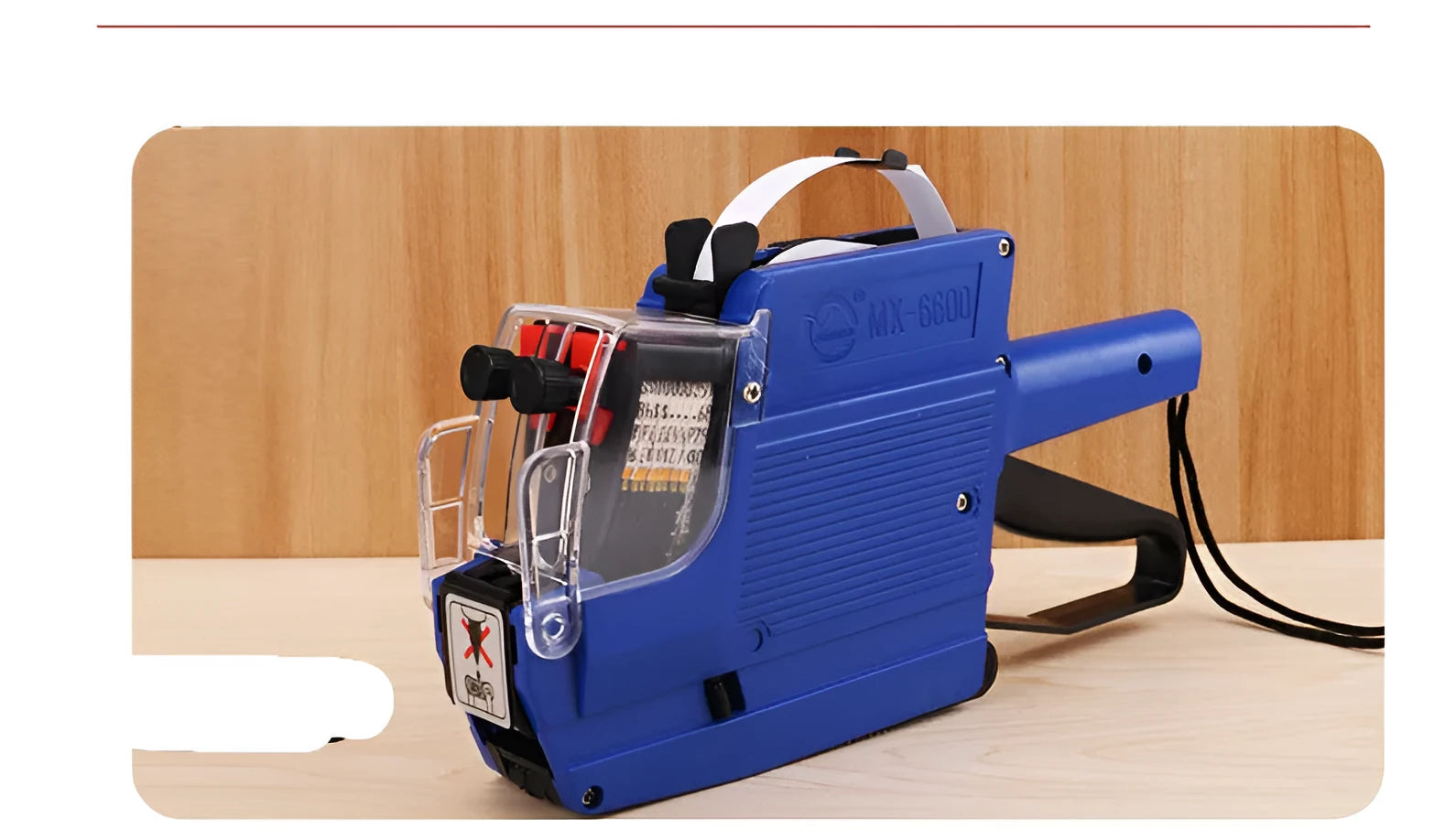 Manual supermarket price labelling machine in blue, red or yellow with ink roller and paper rolls.