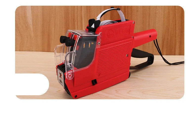 Manual supermarket price labelling machine in blue, red or yellow with ink roller and paper rolls.