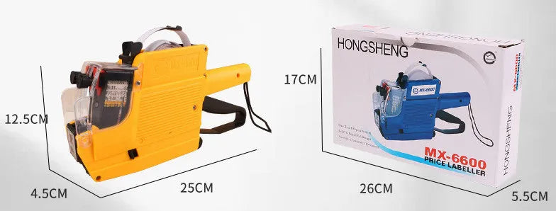 Manual supermarket price labelling machine in blue, red or yellow with ink roller and paper rolls.
