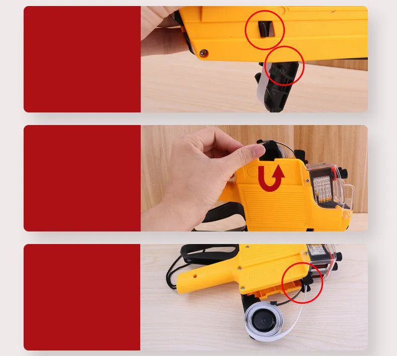 Manual supermarket price labelling machine in blue, red or yellow with ink roller and paper rolls.