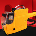 Manual supermarket price labelling machine in blue, red or yellow with ink roller and paper rolls.