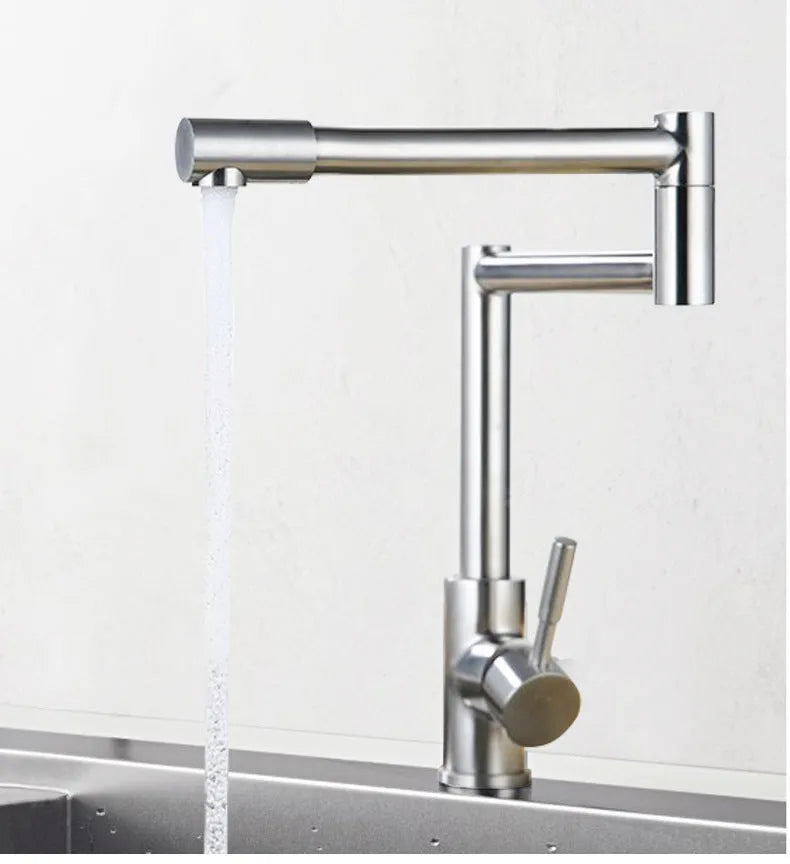 Silver stainless steel mixing tap with rotating spout and lifting handle for dual hot and cold water control
