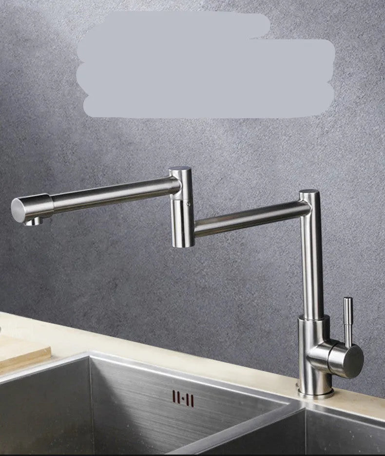 Silver stainless steel mixing tap with rotating spout and lifting handle for dual hot and cold water control