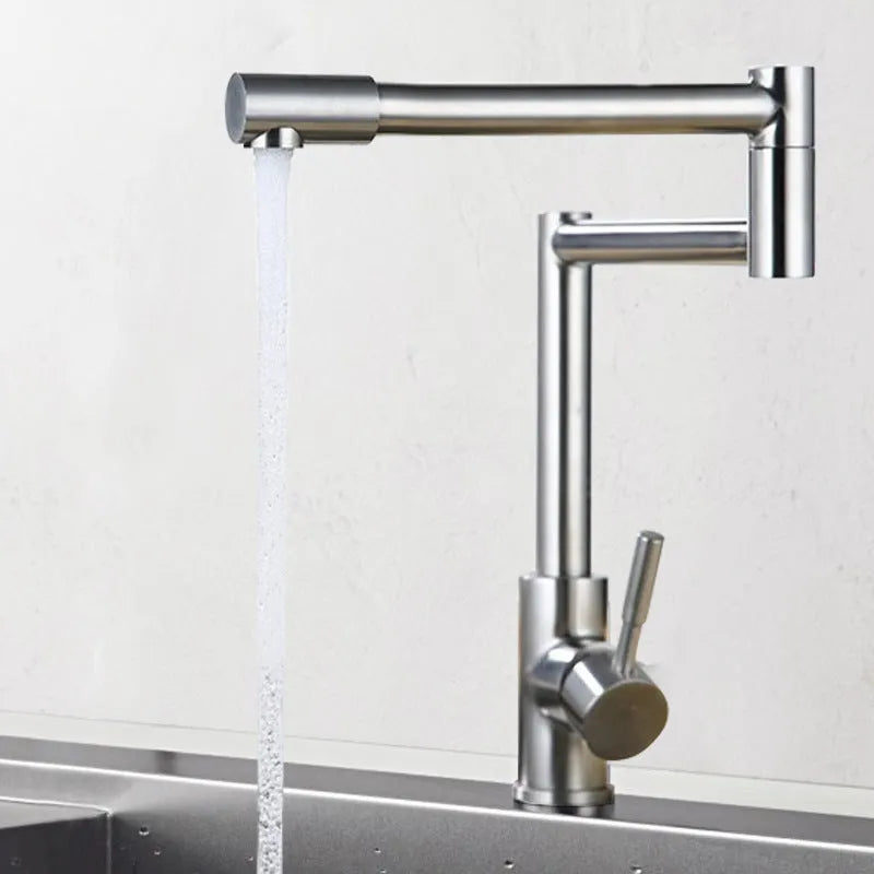 Silver stainless steel mixing tap with rotating spout and lifting handle for dual hot and cold water control