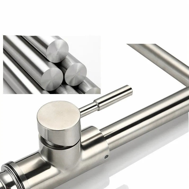 Silver stainless steel mixing tap with rotating spout and lifting handle for dual hot and cold water control