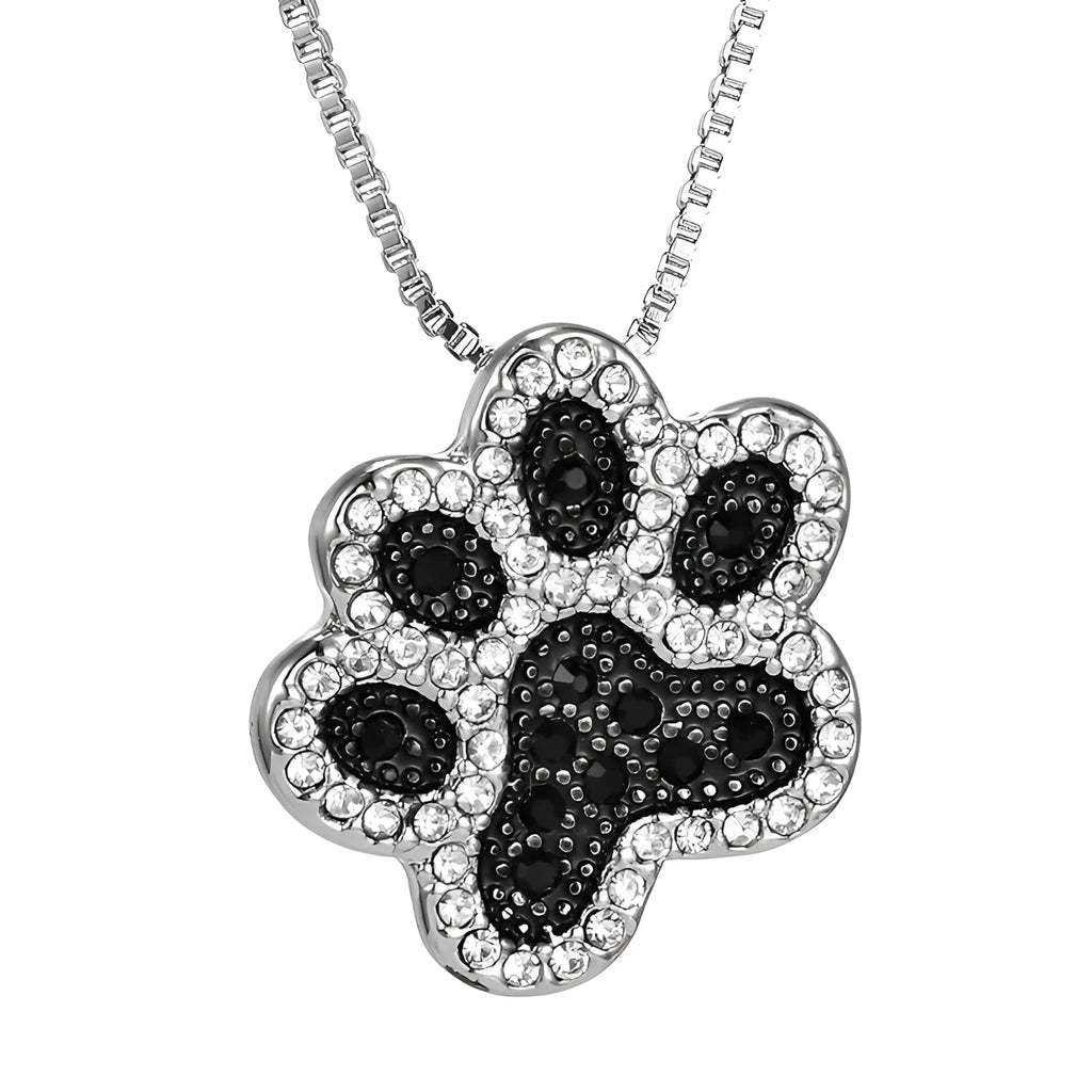 Alloy dog footprint pendant necklace with diamond-encrusted finish on light background