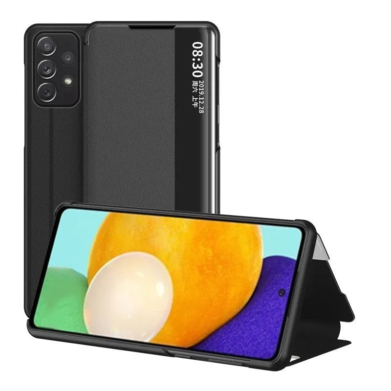 Samsung Galaxy A32 5G flip leather phone case in black with window view and shockproof cover