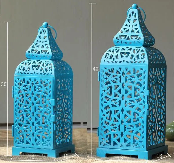 Blue iron Moroccan lantern candlestick with geometric design for table decoration