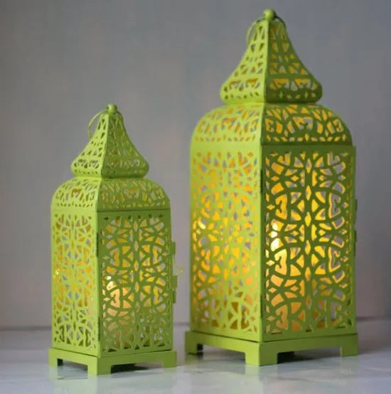 Blue iron Moroccan lantern candlestick with geometric design for table decoration