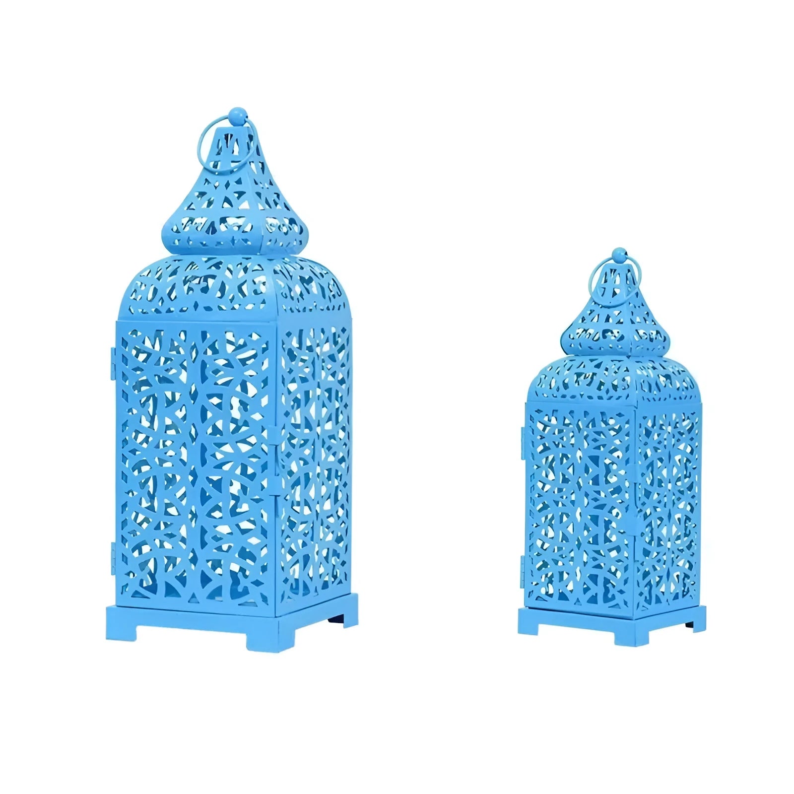 Blue iron Moroccan lantern candlestick with geometric design for table decoration