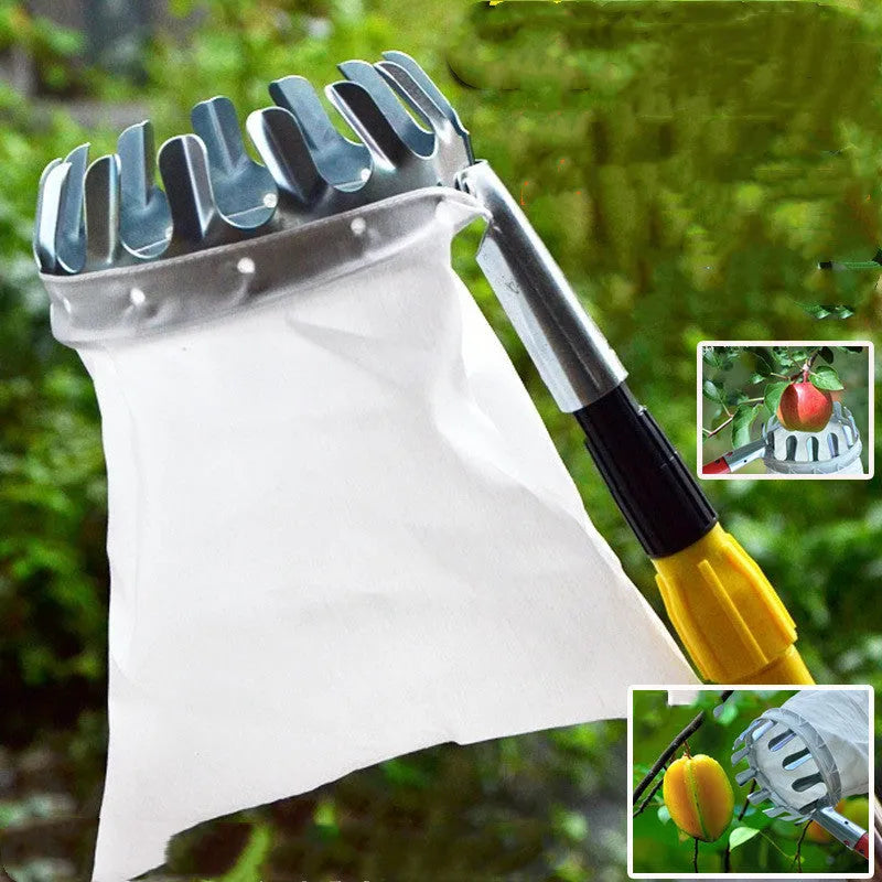 Fruit picker garden tool with steel frame and cloth bag catcher for harvesting fruits
