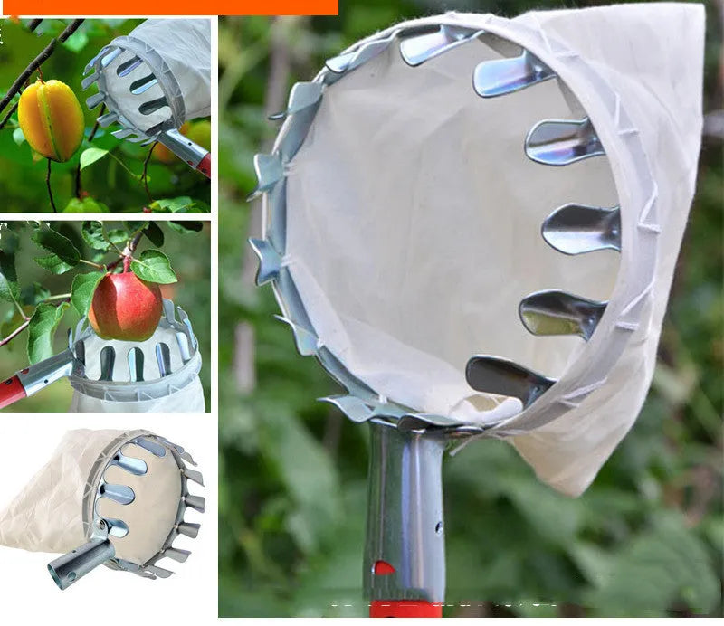 Fruit picker garden tool with steel frame and cloth bag catcher for harvesting fruits