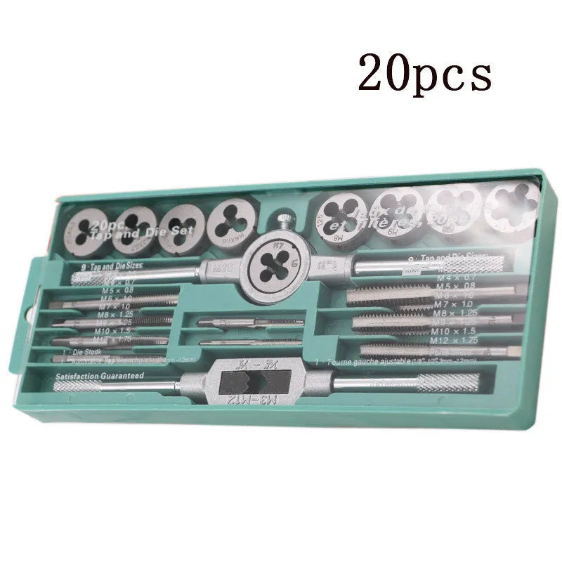20-piece metric tap and die set with alloy steel tools and wrench included