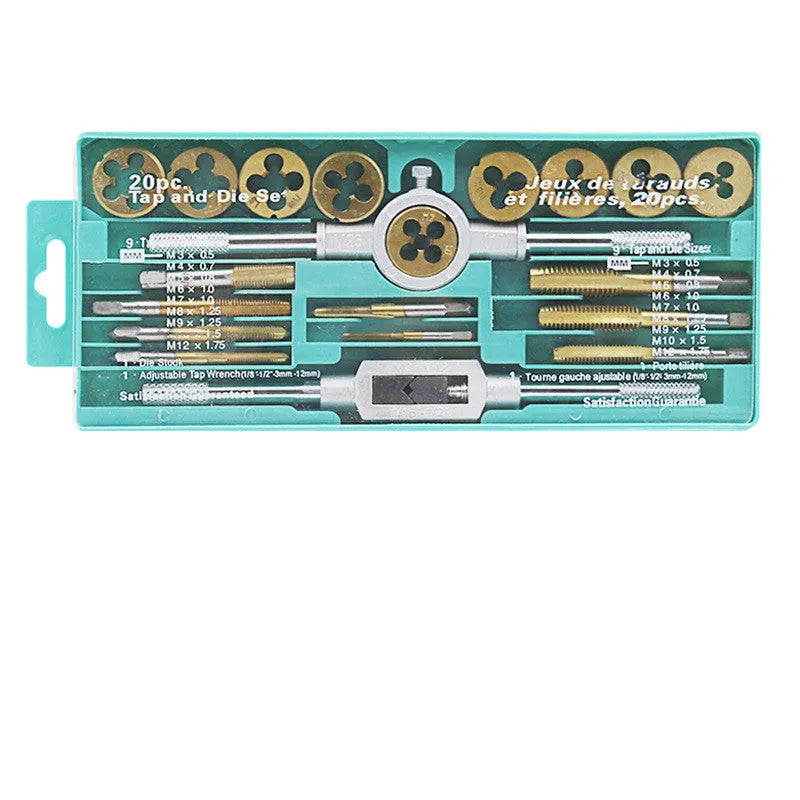 20-piece metric tap and die set with alloy steel tools and wrench included