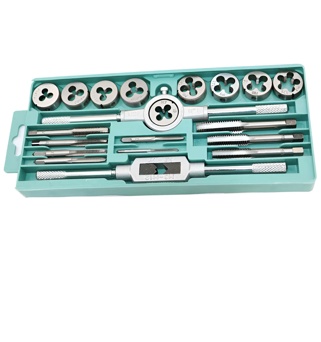20-piece metric tap and die set with alloy steel tools and wrench included