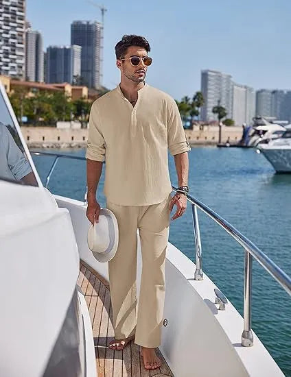 Men's solid colour cotton suit with long sleeve top and trousers in beige, shown laid flat