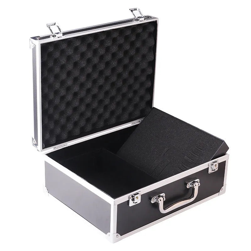 Black aluminium alloy tattoo equipment storage box with tools inside.