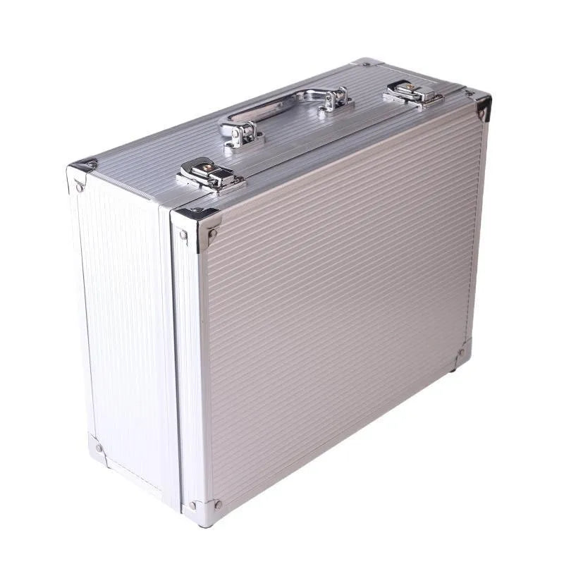 Black aluminium alloy tattoo equipment storage box with tools inside.