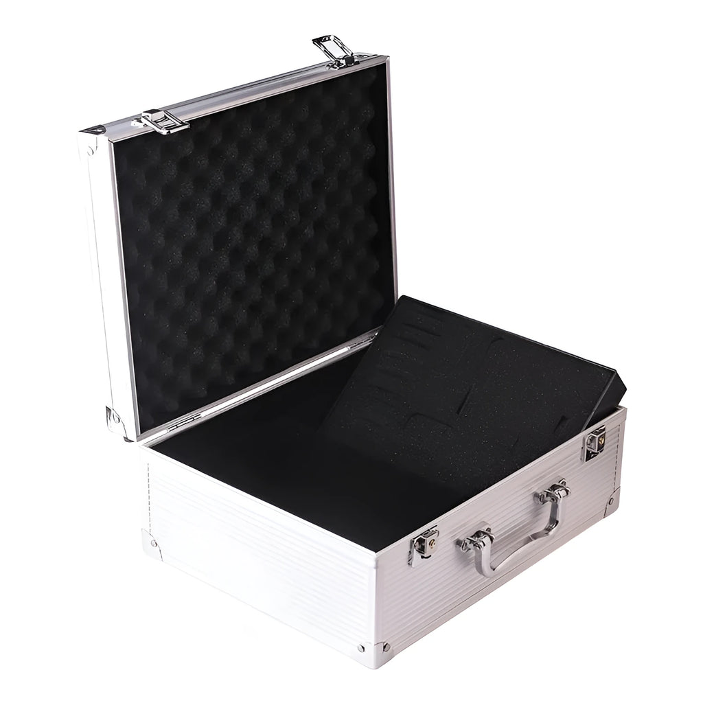 Black aluminium alloy tattoo equipment storage box with tools inside.