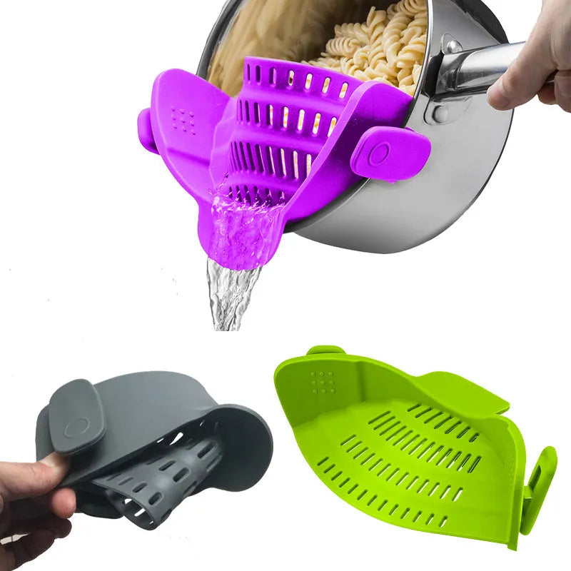 Silicone clip-on pot funnel strainer with stainless steel insert for draining liquids
