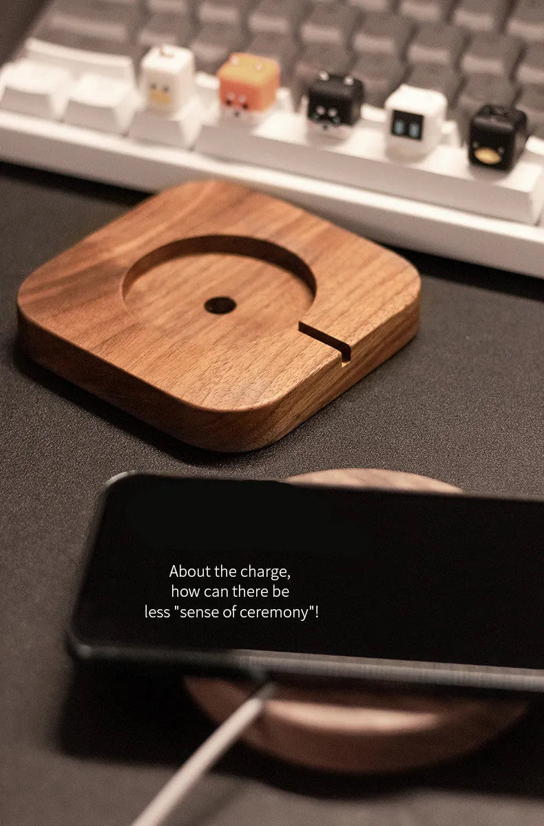 Walnut wood magnetic wireless charging base for iPhone with protective cover