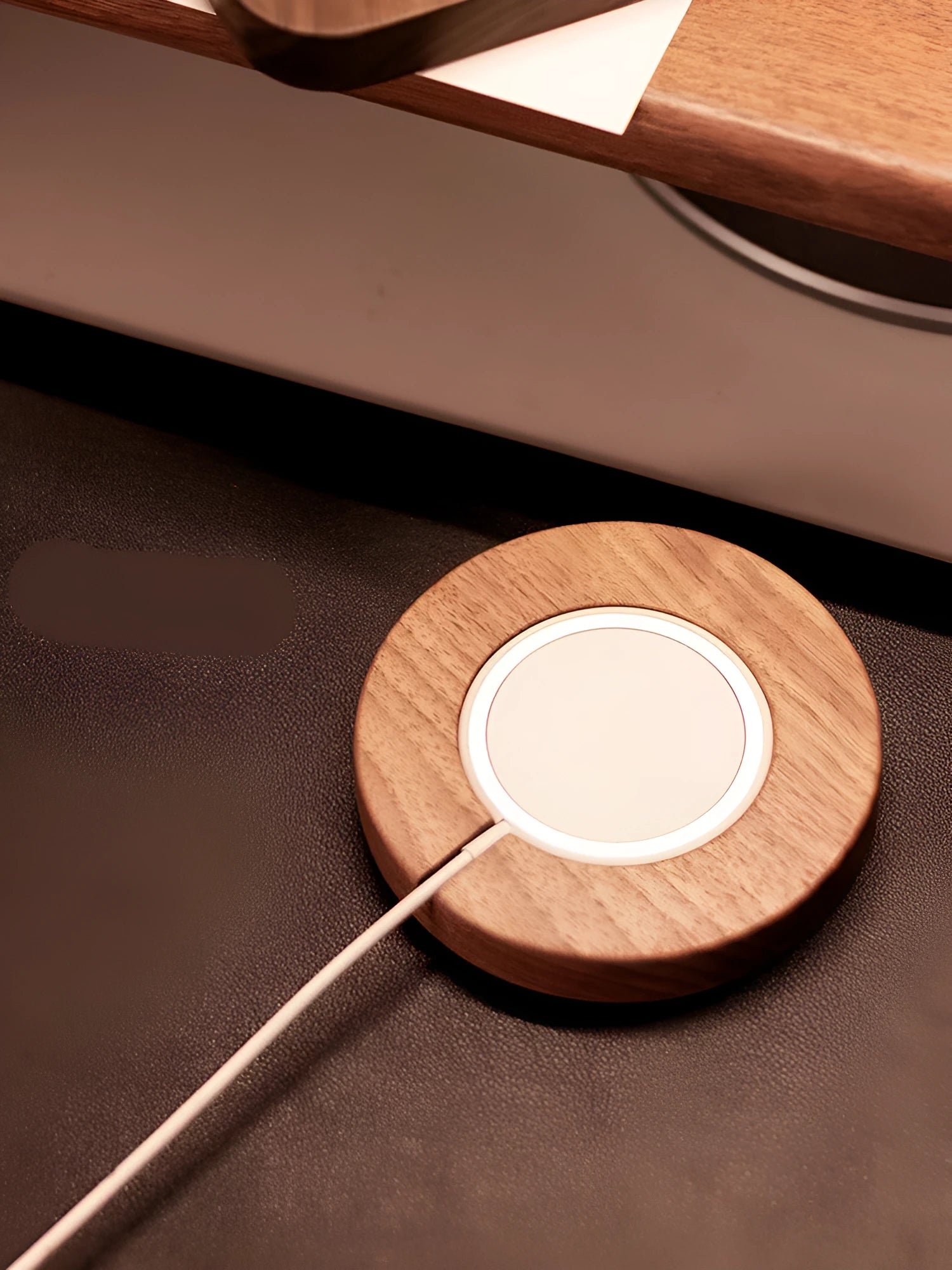 Walnut wood magnetic wireless charging base for iPhone with protective cover