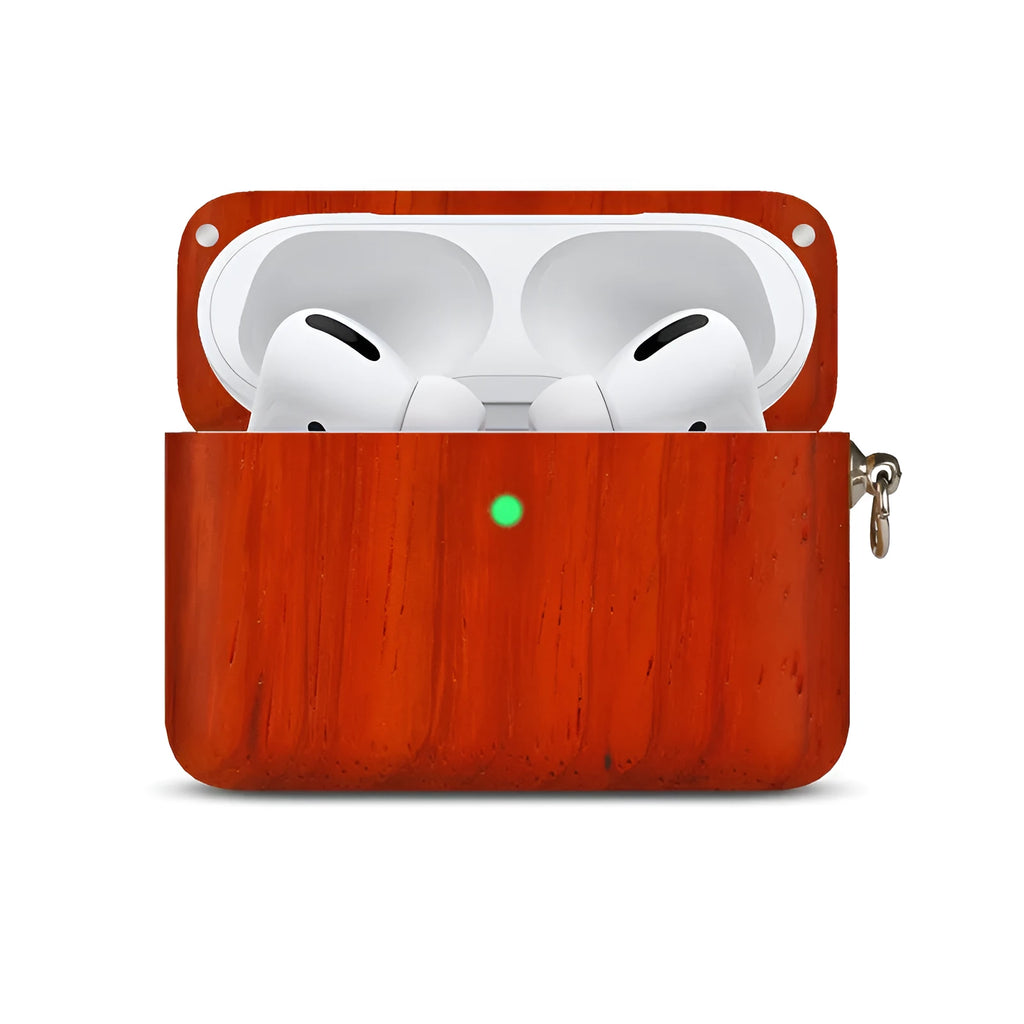 Solid wood Bluetooth earphone sleeve in bamboo colour next to wireless earphones