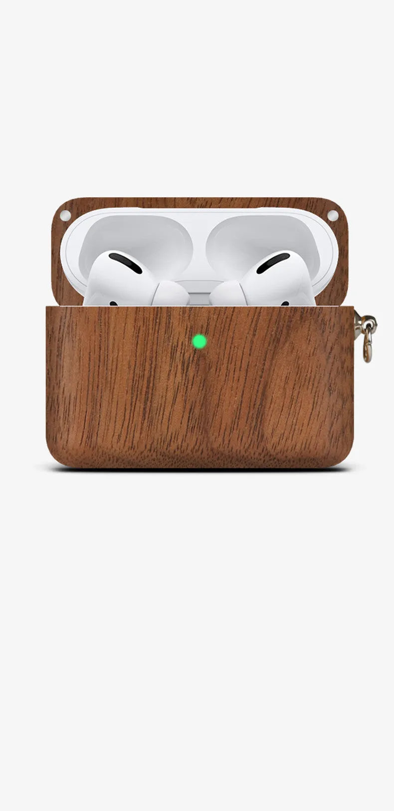 Solid wood Bluetooth earphone sleeve in bamboo colour next to wireless earphones