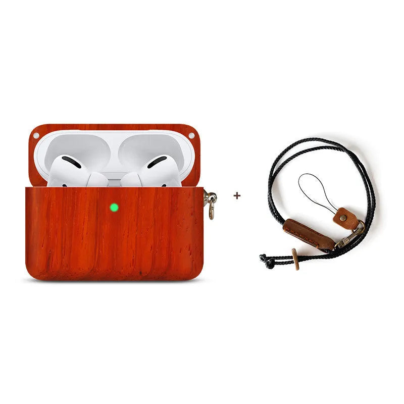 Solid wood Bluetooth earphone sleeve in bamboo colour next to wireless earphones