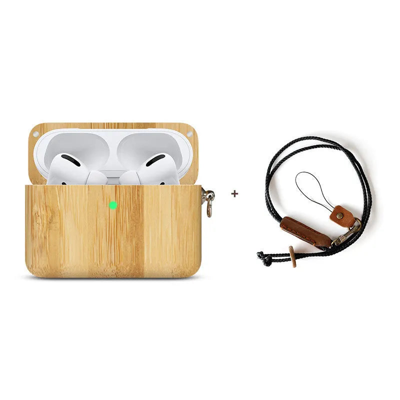 Solid wood Bluetooth earphone sleeve in bamboo colour next to wireless earphones
