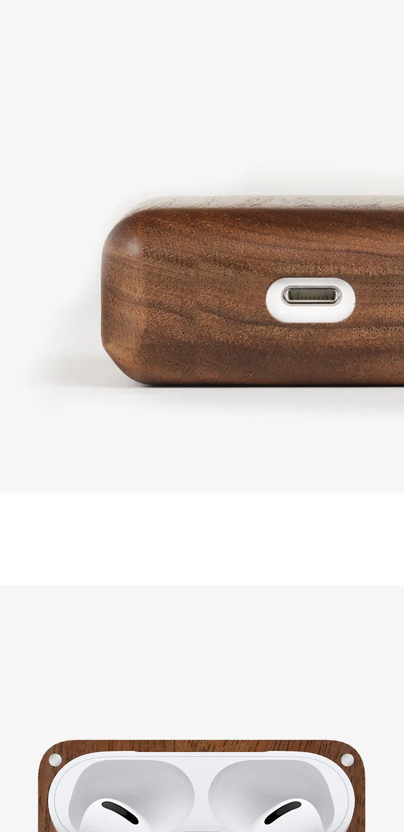Solid wood Bluetooth earphone sleeve in bamboo colour next to wireless earphones