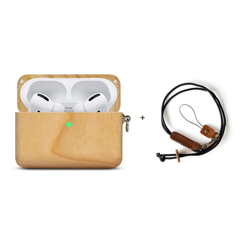 Solid wood Bluetooth earphone sleeve in bamboo colour next to wireless earphones
