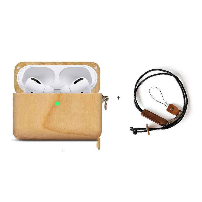 Solid wood Bluetooth earphone sleeve in bamboo colour next to wireless earphones