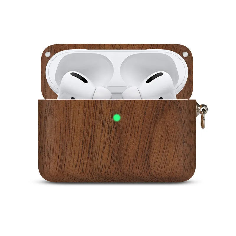 Solid wood Bluetooth earphone sleeve in bamboo colour next to wireless earphones
