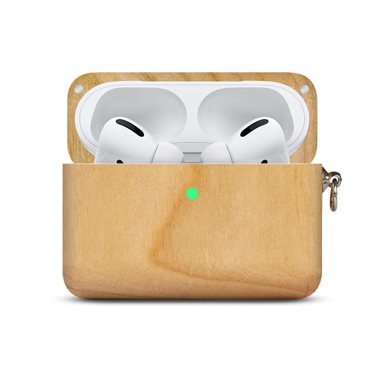 Solid wood Bluetooth earphone sleeve in bamboo colour next to wireless earphones