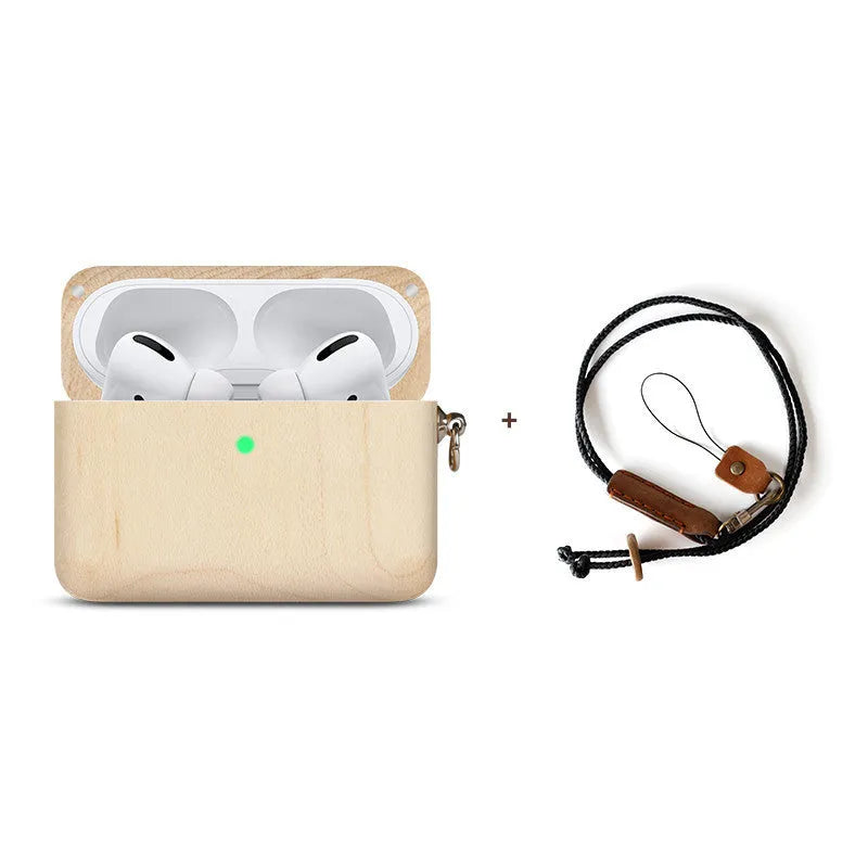 Solid wood Bluetooth earphone sleeve in bamboo colour next to wireless earphones