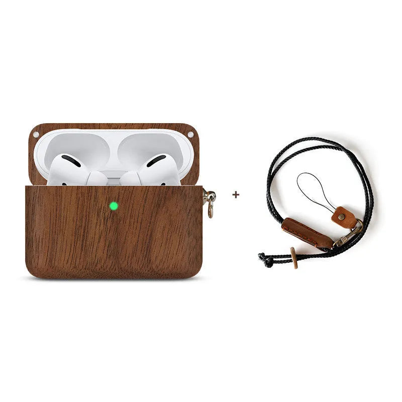 Solid wood Bluetooth earphone sleeve in bamboo colour next to wireless earphones