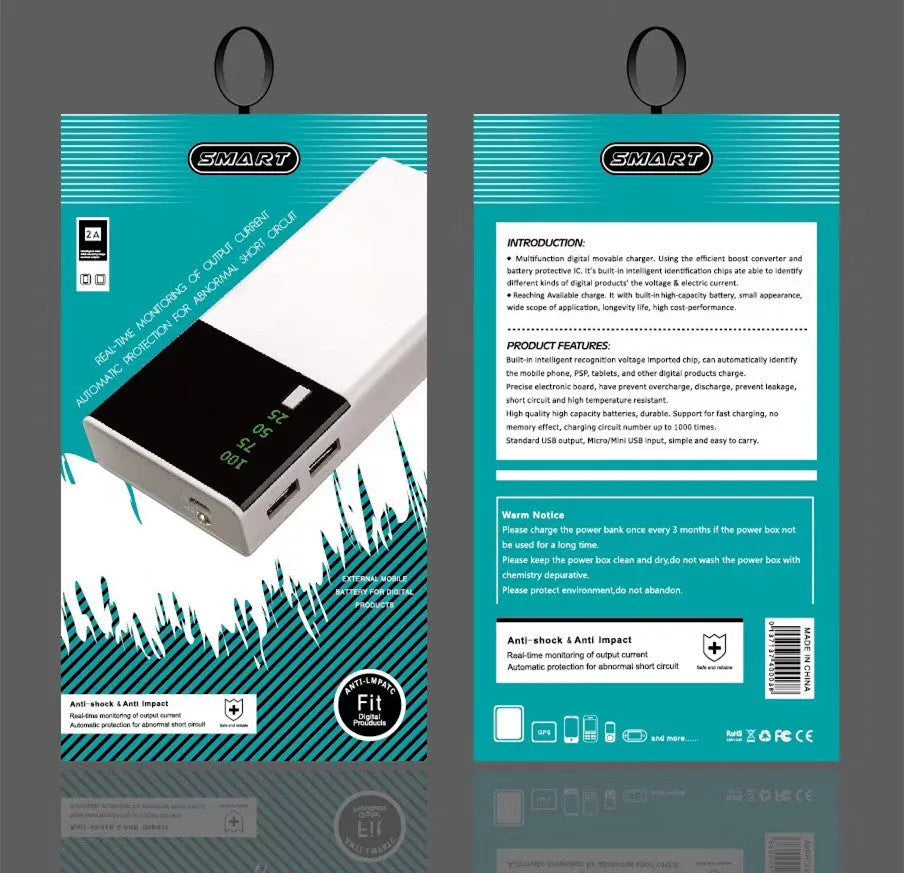 Black 20000mAh power bank with plastic casing and charging cable