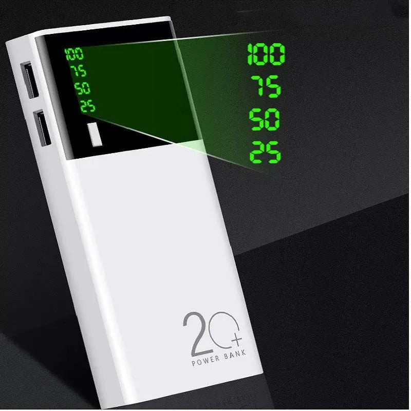 Black 20000mAh power bank with plastic casing and charging cable
