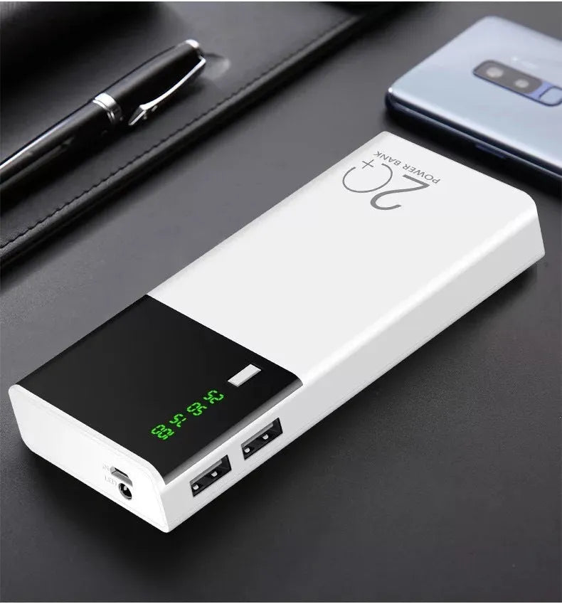 Black 20000mAh power bank with plastic casing and charging cable
