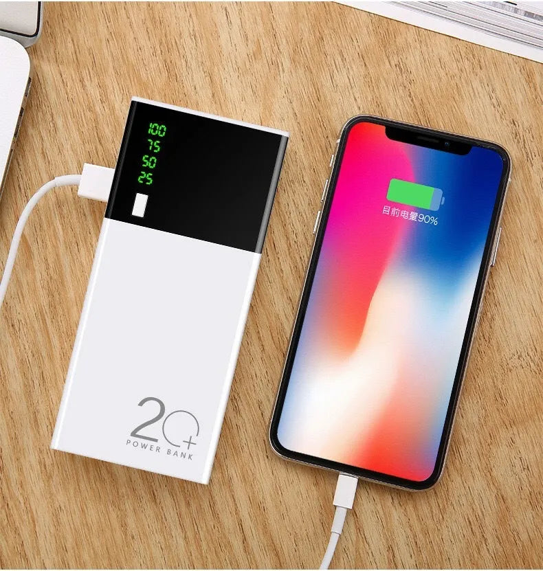 Black 20000mAh power bank with plastic casing and charging cable