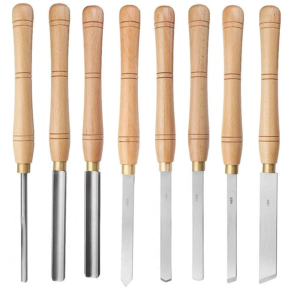 High-end 8-piece wooden box containing chrome vanadium steel woodturning tools