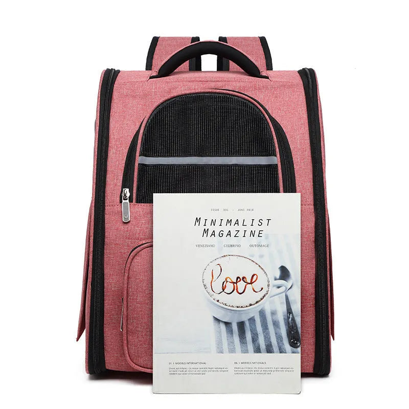 Breathable pet backpack in black, grey and pink with soft handle and vertical square shape