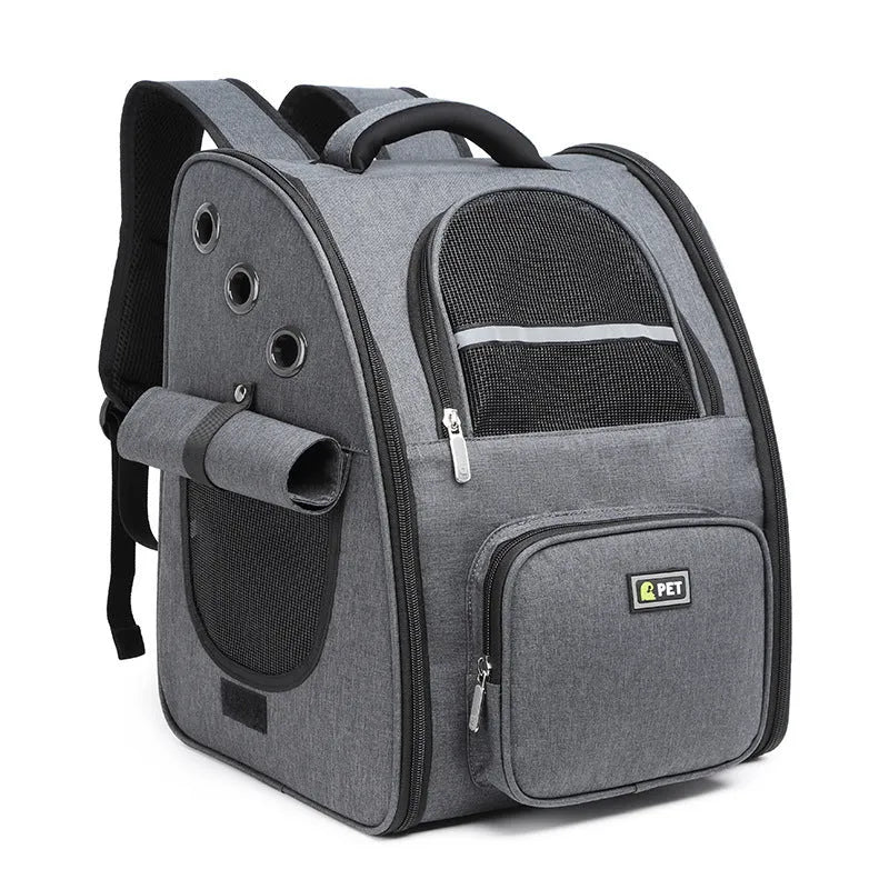 Breathable pet backpack in black, grey and pink with soft handle and vertical square shape
